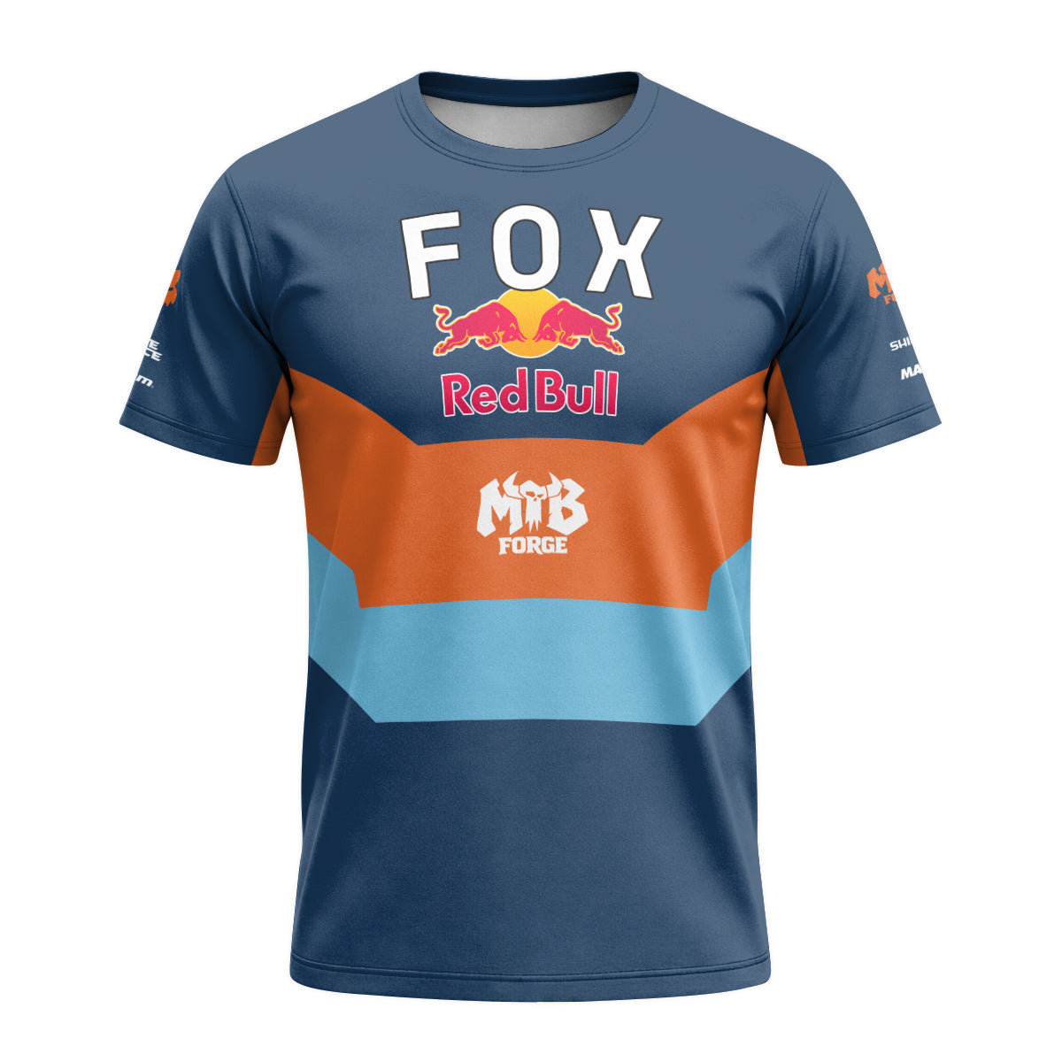 Red Bull Fox Blue Orange Short Sleeve Mountain Bike Jersey - front view mockup