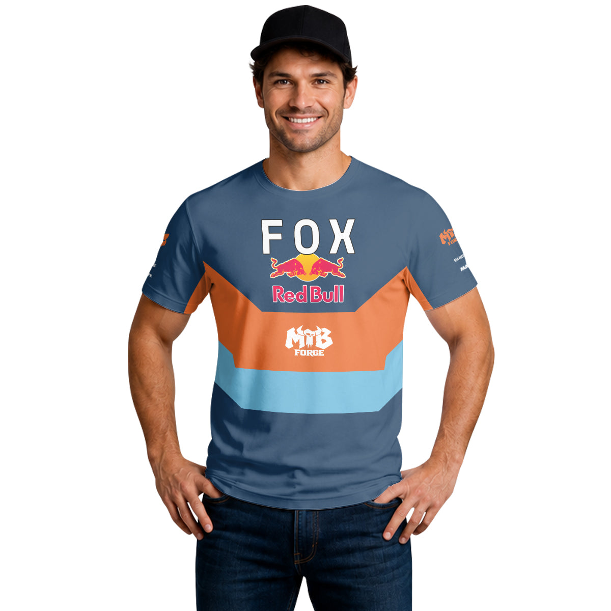 Red Bull Fox Blue Orange Short Sleeve Mountain Bike Jersey - lifestyle view