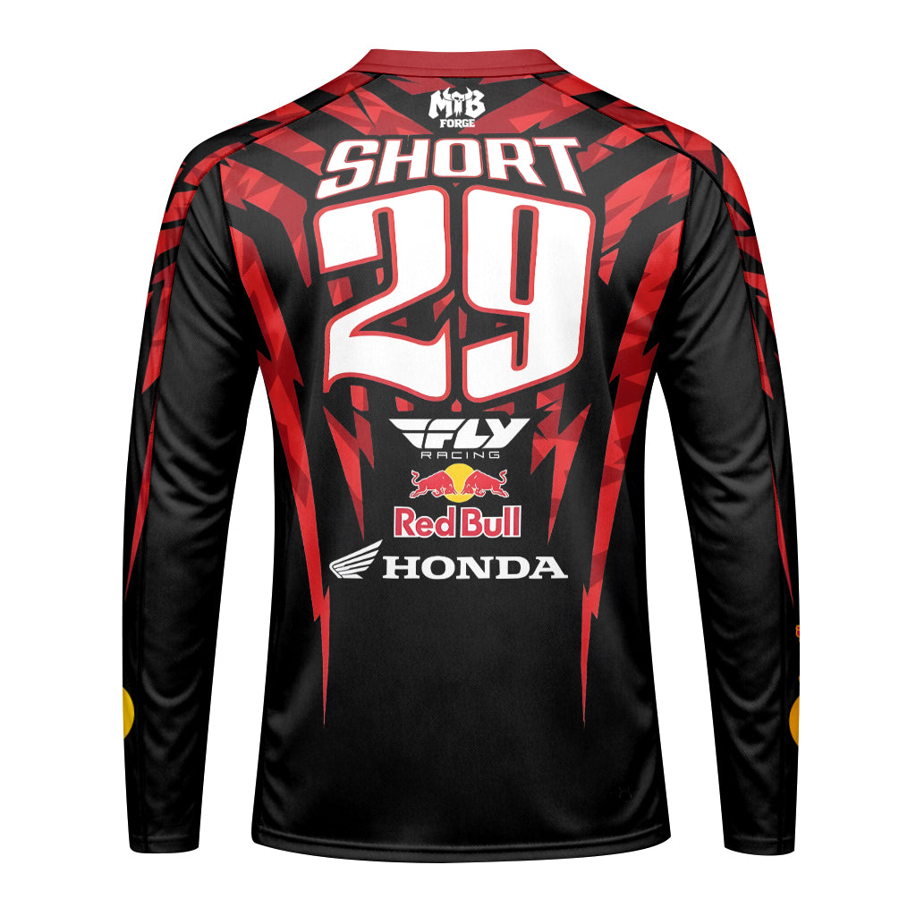 Red Bull Honda Short 29 Black Red Racing Long Sleeve Motocross Jersey – Back View Mockup