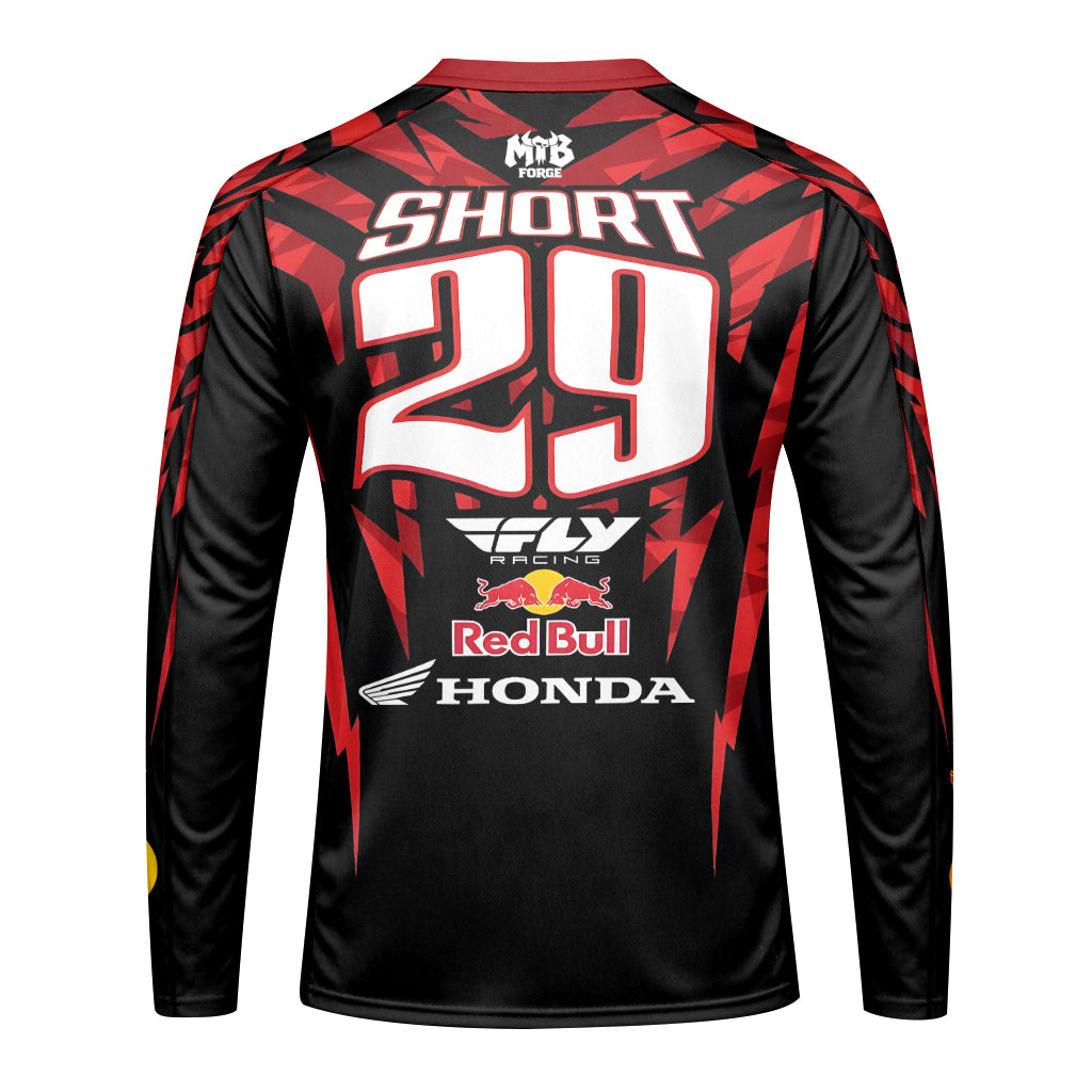 Red Bull Honda Short 29 Black Red Racing Youth Long Sleeve Motocross Jersey – Back View Mockup