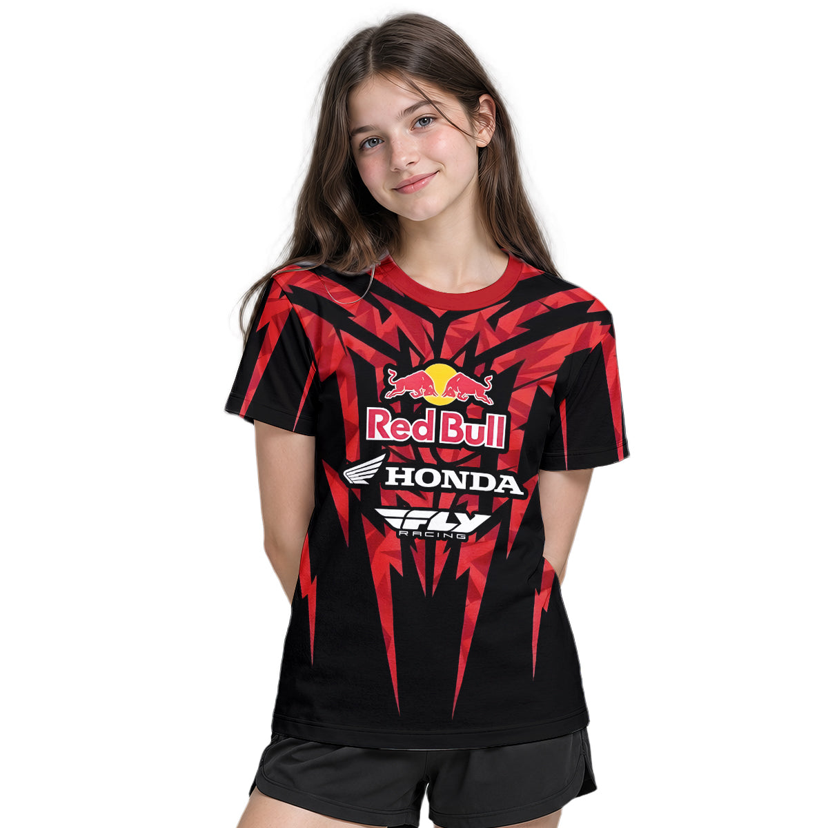 Red Bull Honda Short 29 Black Red Racing Youth Short Sleeve Motocross Jersey – Girl Lifestyle View