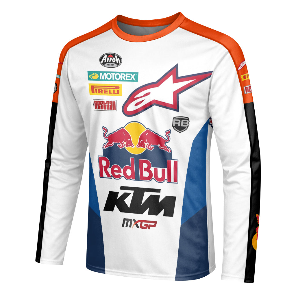 Red Bull KTM 84 Orange White Factory Racing Long Sleeve Motocross Jersey – Left Side View Mockup