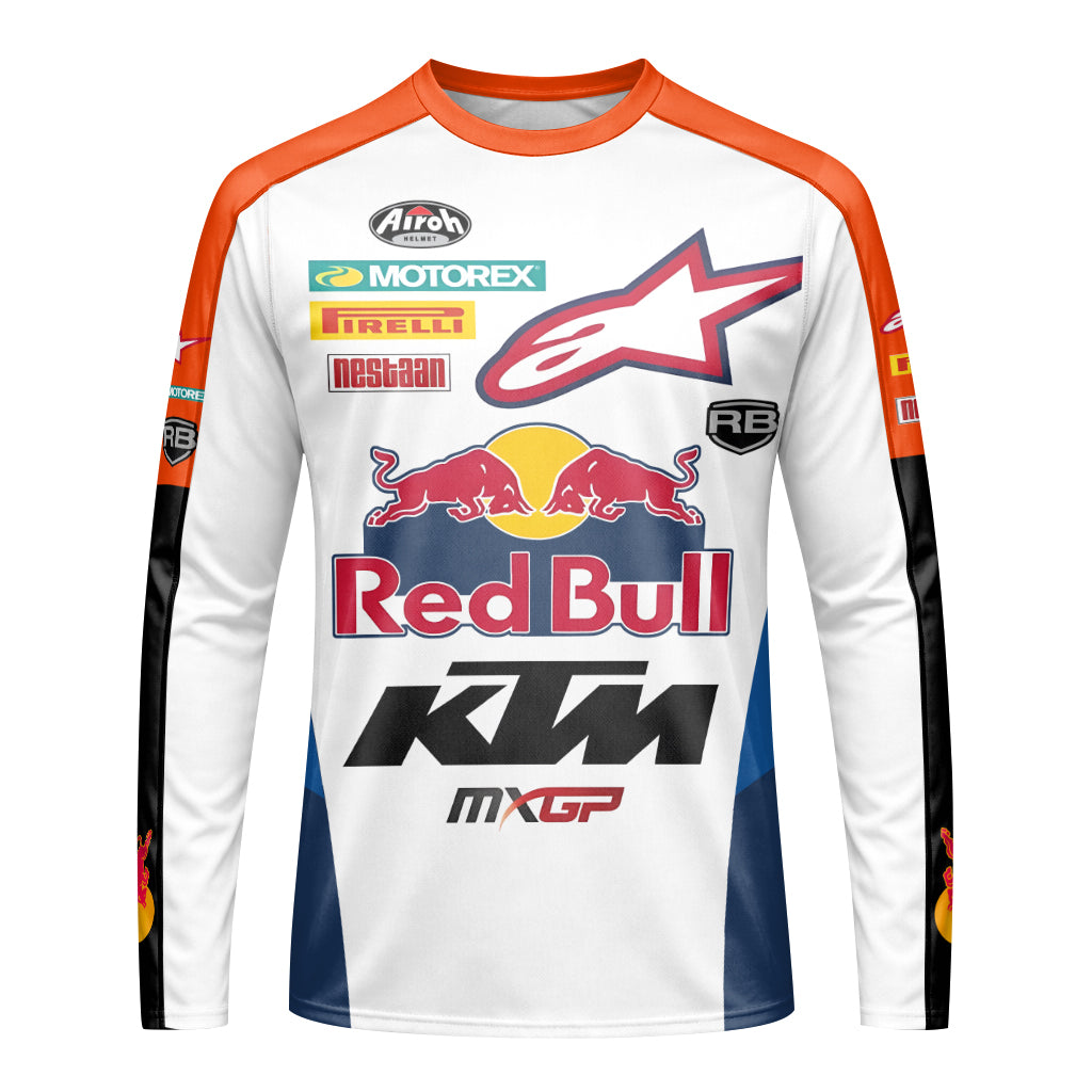 Red Bull KTM 84 Orange White Factory Racing Youth Long Sleeve Motocross Jersey – Front View Mockup