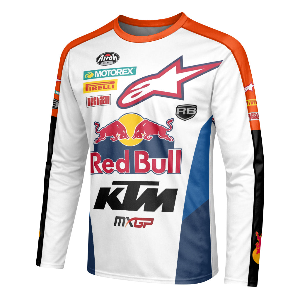 Red Bull KTM 84 Orange White Factory Racing Youth Long Sleeve Motocross Jersey – Left Side View Mockup