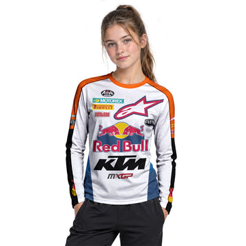 Red Bull KTM 84 Orange White Factory Racing Youth Long Sleeve Motocross Jersey – Girl Lifestyle View