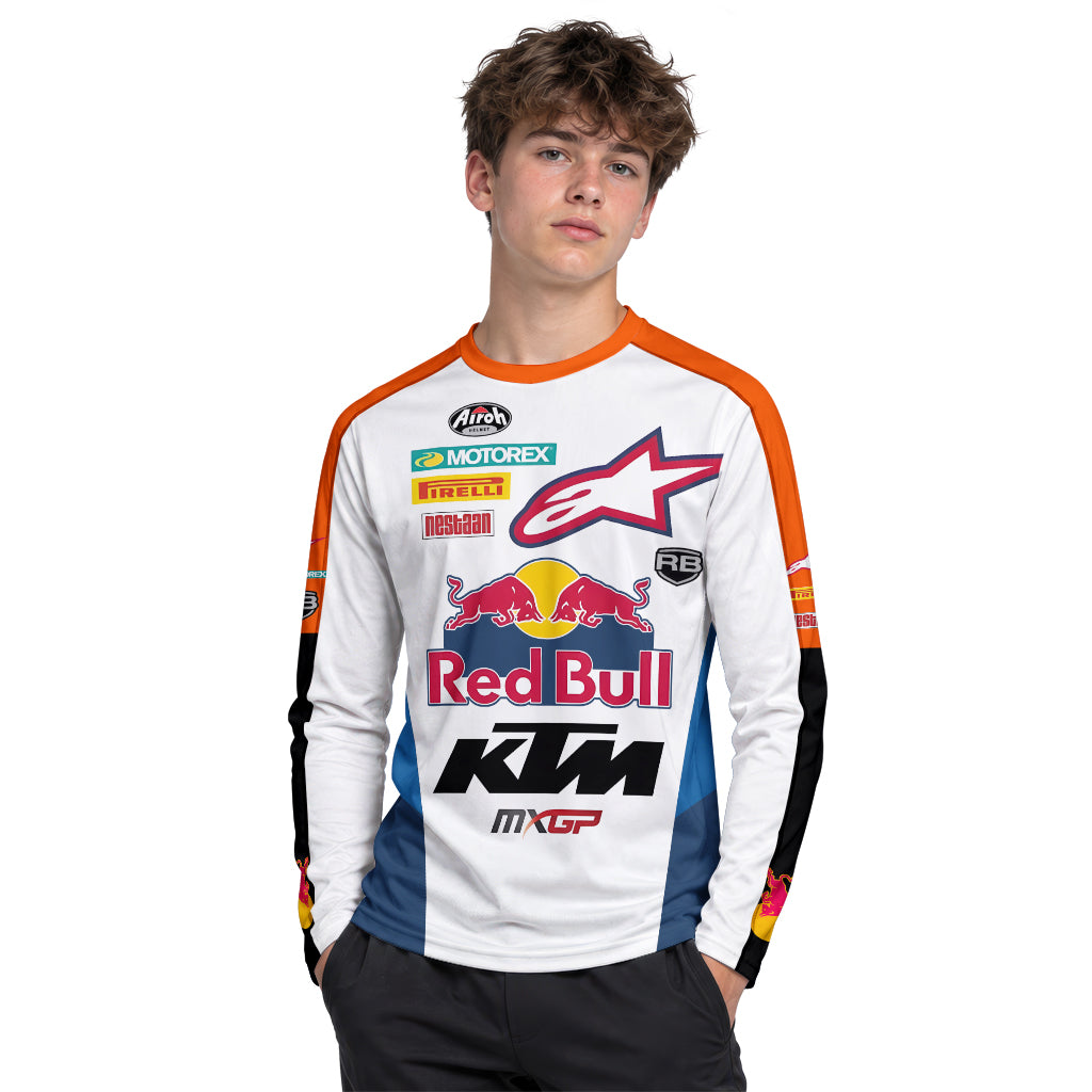 Red Bull KTM 84 Orange White Factory Racing Youth Long Sleeve Motocross Jersey – Boy Lifestyle View