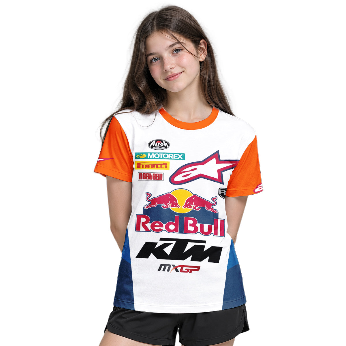 Red Bull KTM 84 Orange White Factory Racing Youth Short Sleeve Motocross Jersey – Girl Lifestyle View