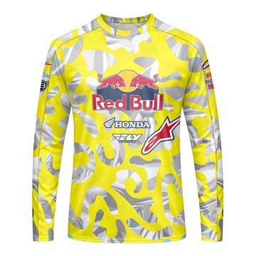 Red Bull KTM Honda #51 Yellow Camo Long Sleeve Motocross Jersey – Front View Mockup