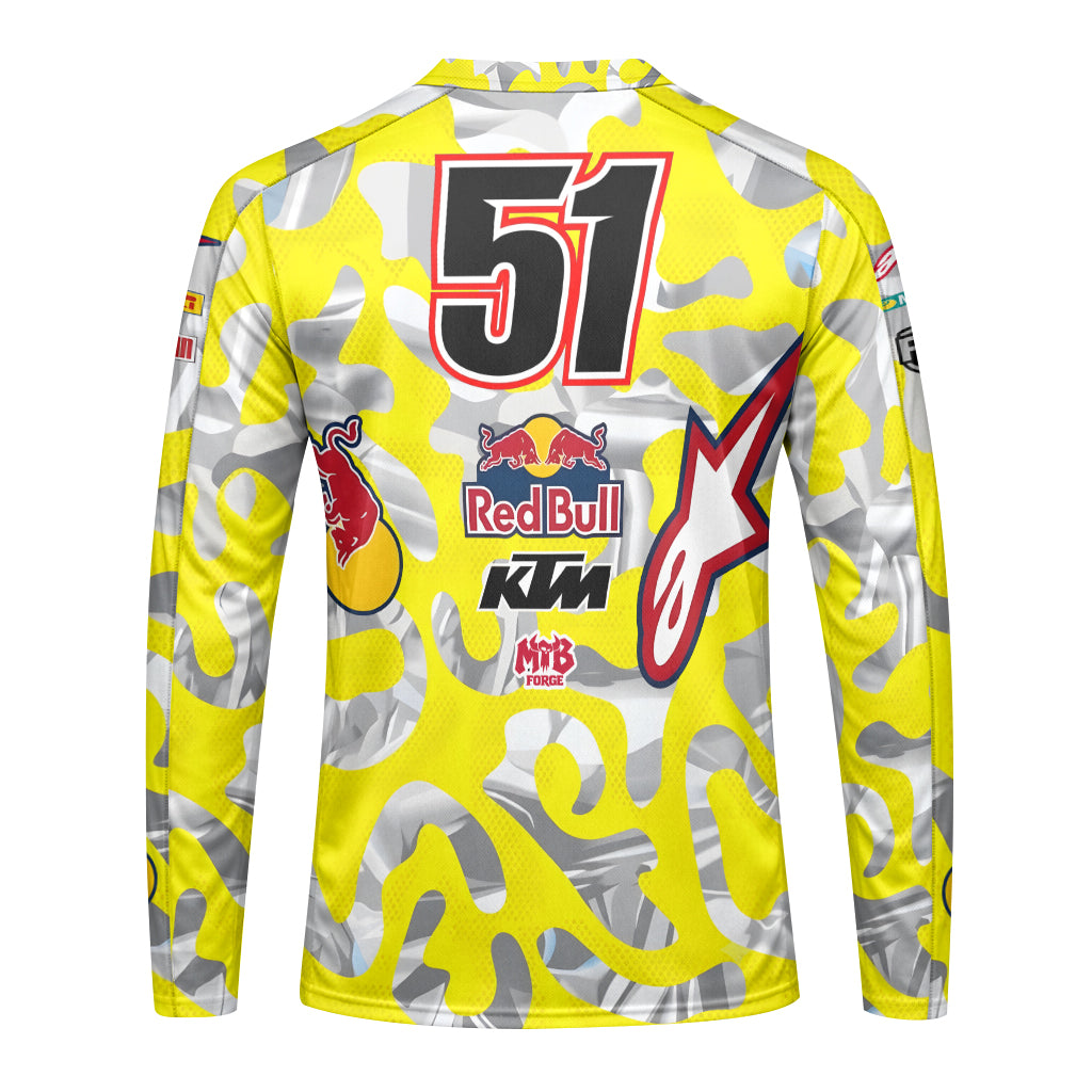 Red Bull KTM Honda #51 Yellow Camo Long Sleeve Motocross Jersey – Front View Mockup
