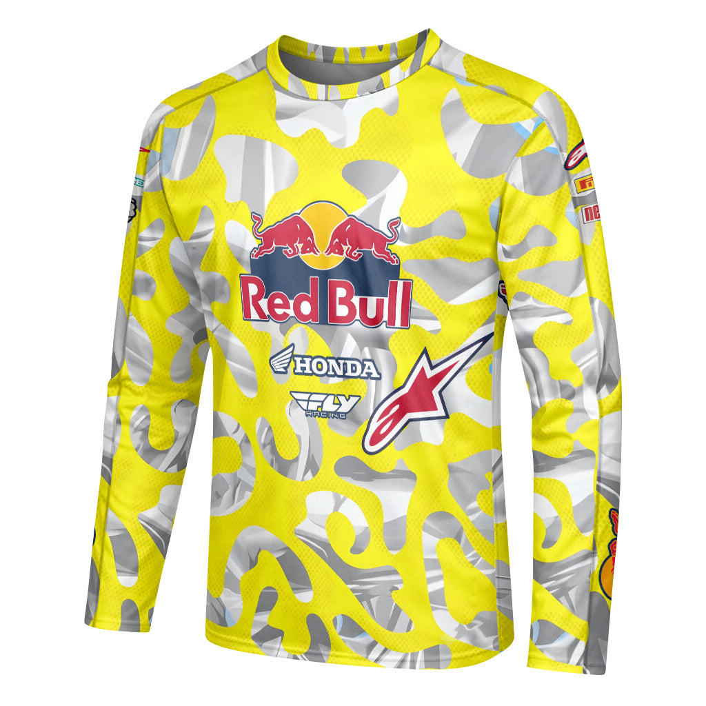 Red Bull KTM Honda #51 Yellow Camo Long Sleeve Motocross Jersey – Left Side View Mockup