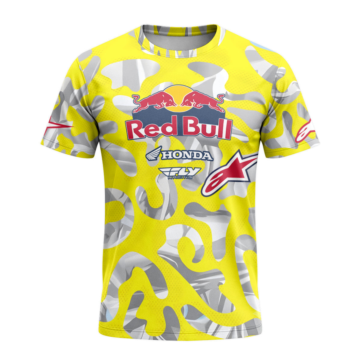 Red Bull KTM Honda #51 Yellow Camo Short Sleeve Motocross Jersey – Front View Mockup