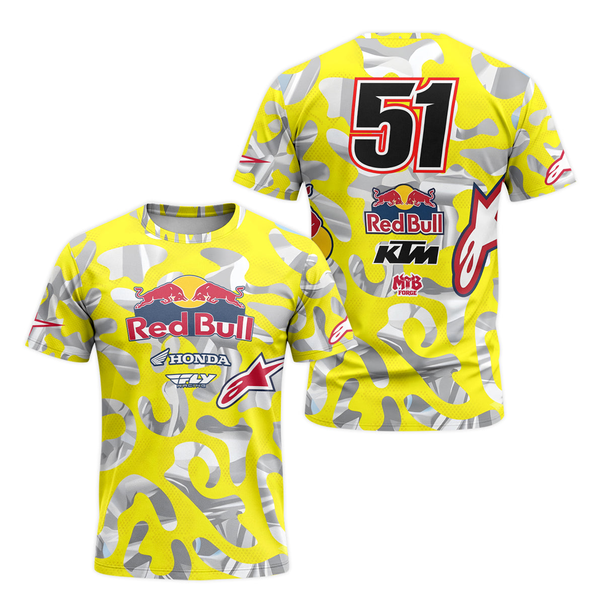 Red Bull KTM Honda #51 Yellow Camo Short Sleeve Motocross Jersey – Front and Back View