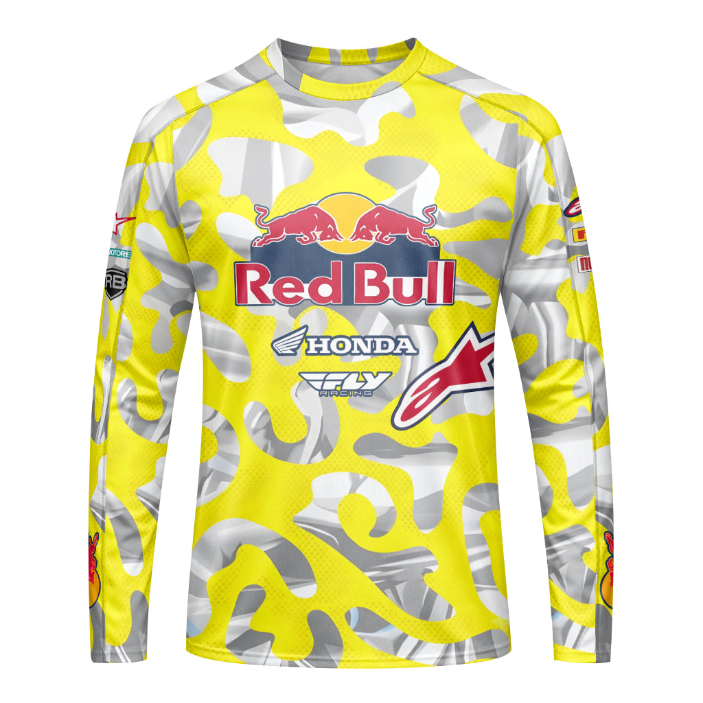Red Bull KTM Honda #51 Yellow Camo Youth Long Sleeve Motocross Jersey – Front View Mockup