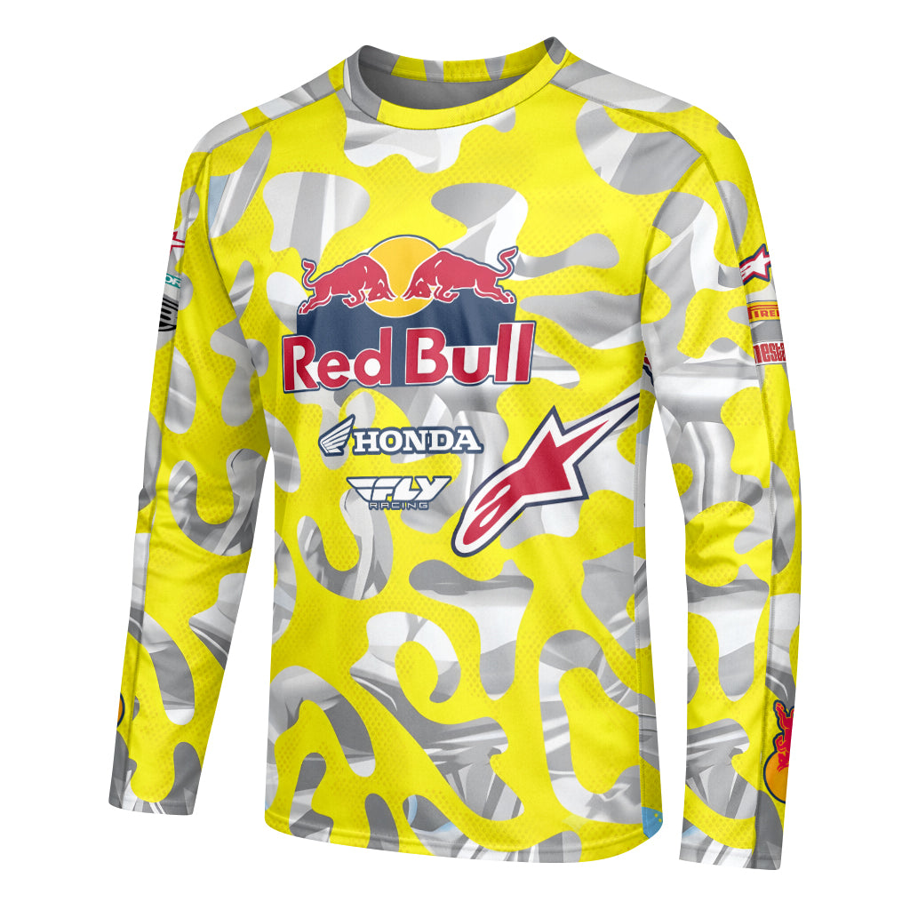 Red Bull KTM Honda #51 Yellow Camo Youth Long Sleeve Motocross Jersey – Left Side View Mockup