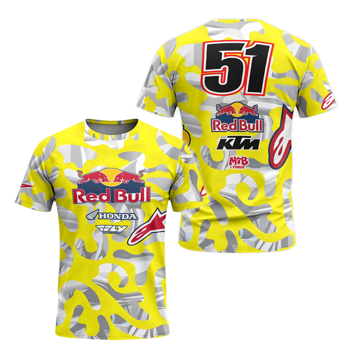 Red Bull KTM Honda #51 Yellow Camo Youth Short Sleeve Motocross Jersey – Front and Back View