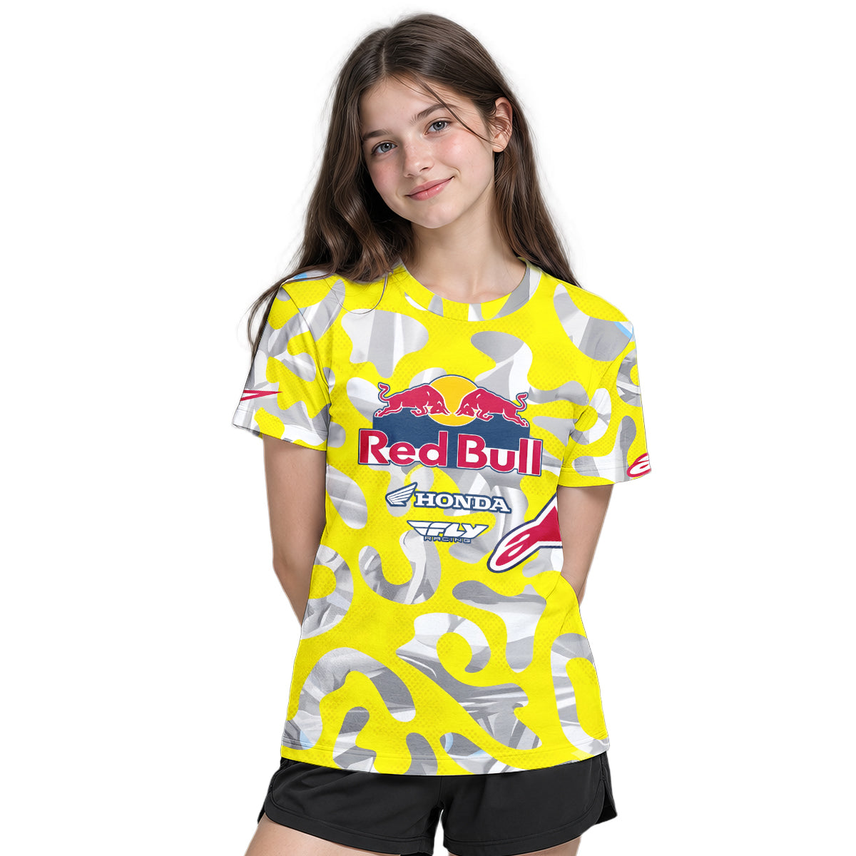 Red Bull KTM Honda #51 Yellow Camo Youth Short Sleeve Motocross Jersey – Girl Lifestyle View
