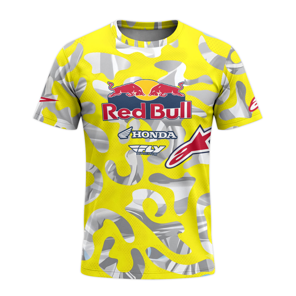 Red Bull KTM Honda #51 Yellow Camo Youth Short Sleeve Motocross Jersey – Front View Mockup