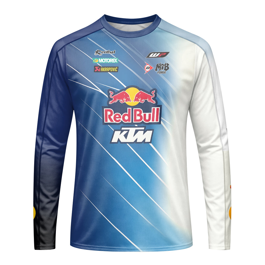 Red Bull KTM Number 5 Blue White Factory Racing Long Sleeve Motocross Jersey – Front View Mockup