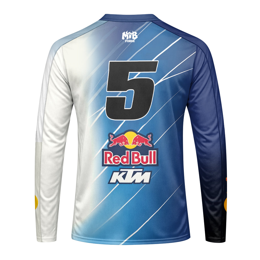Red Bull KTM Number 5 Blue White Factory Racing Long Sleeve Motocross Jersey – Front View Mockup