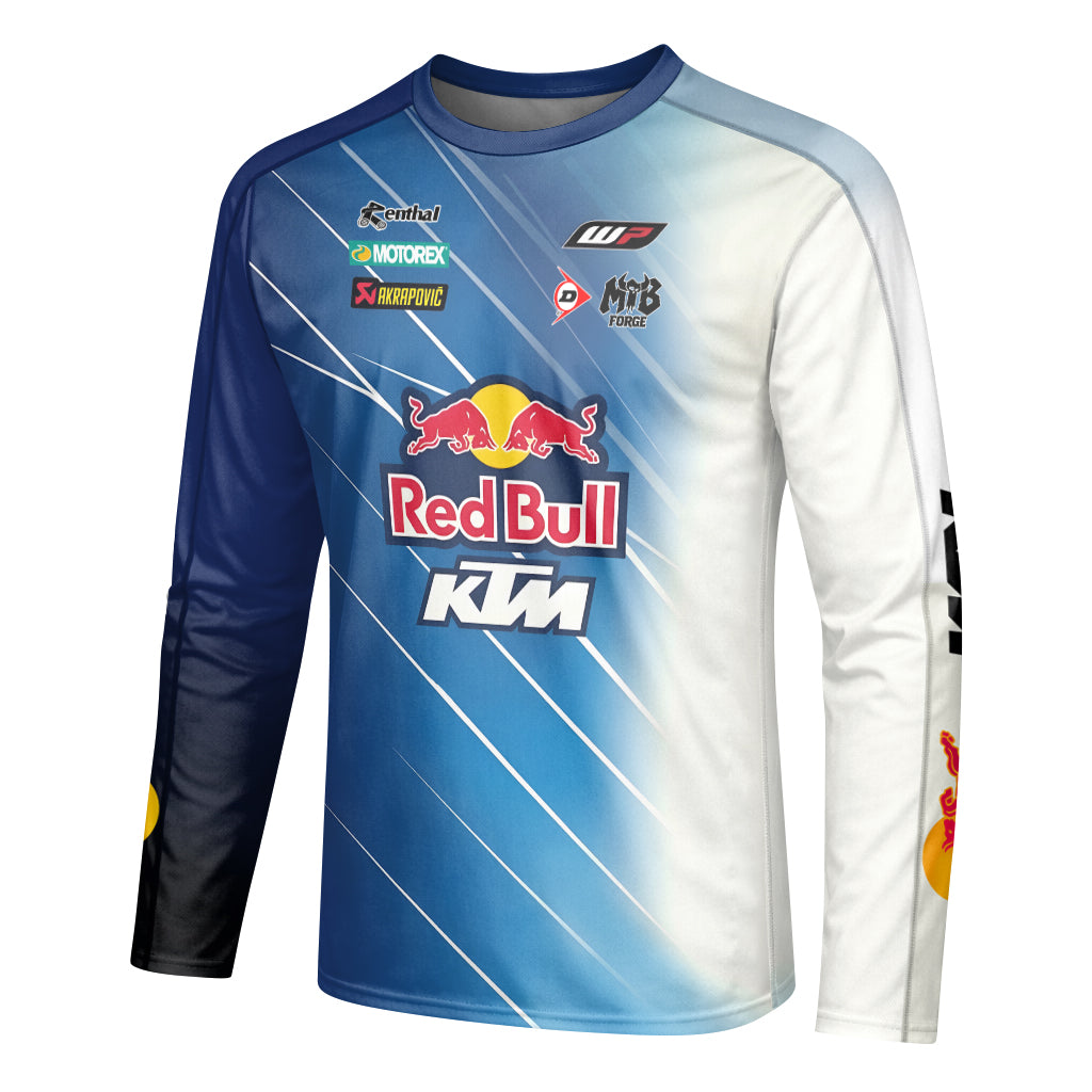 Red Bull KTM Number 5 Blue White Factory Racing Long Sleeve Motocross Jersey – Left Side View Mockup