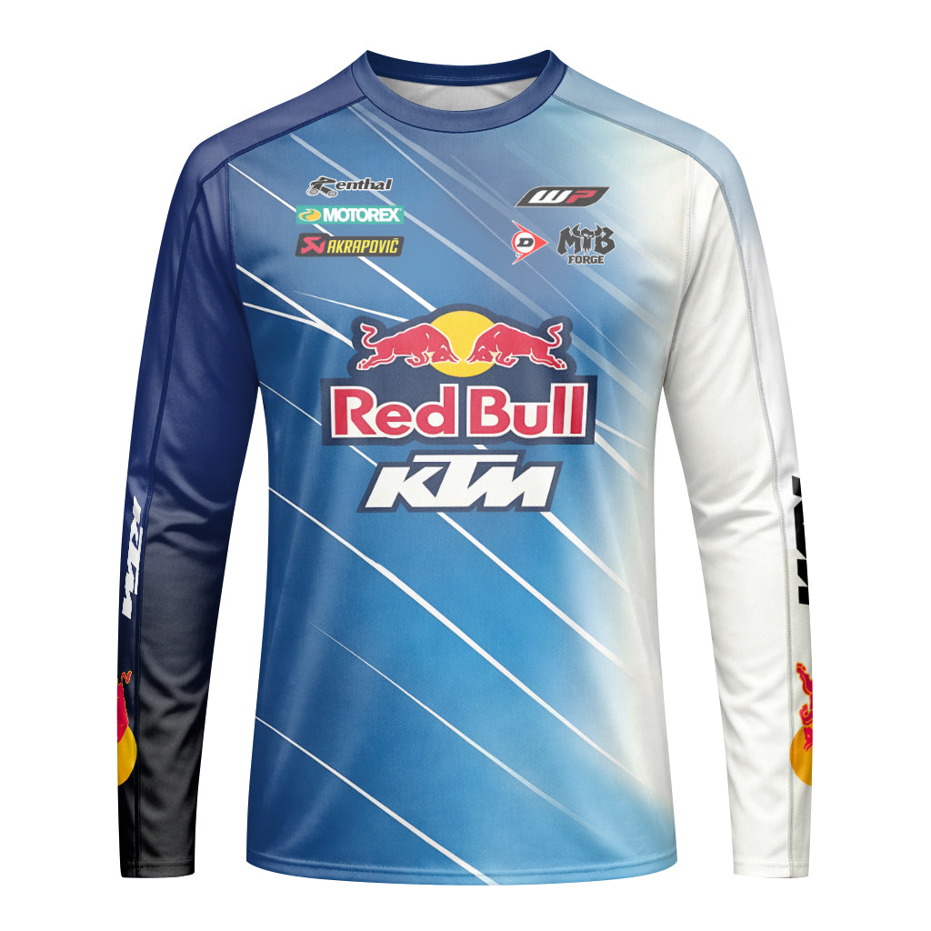 Red Bull KTM Number 5 Blue White Factory Racing Youth Long Sleeve Motocross Jersey – Front View Mockup