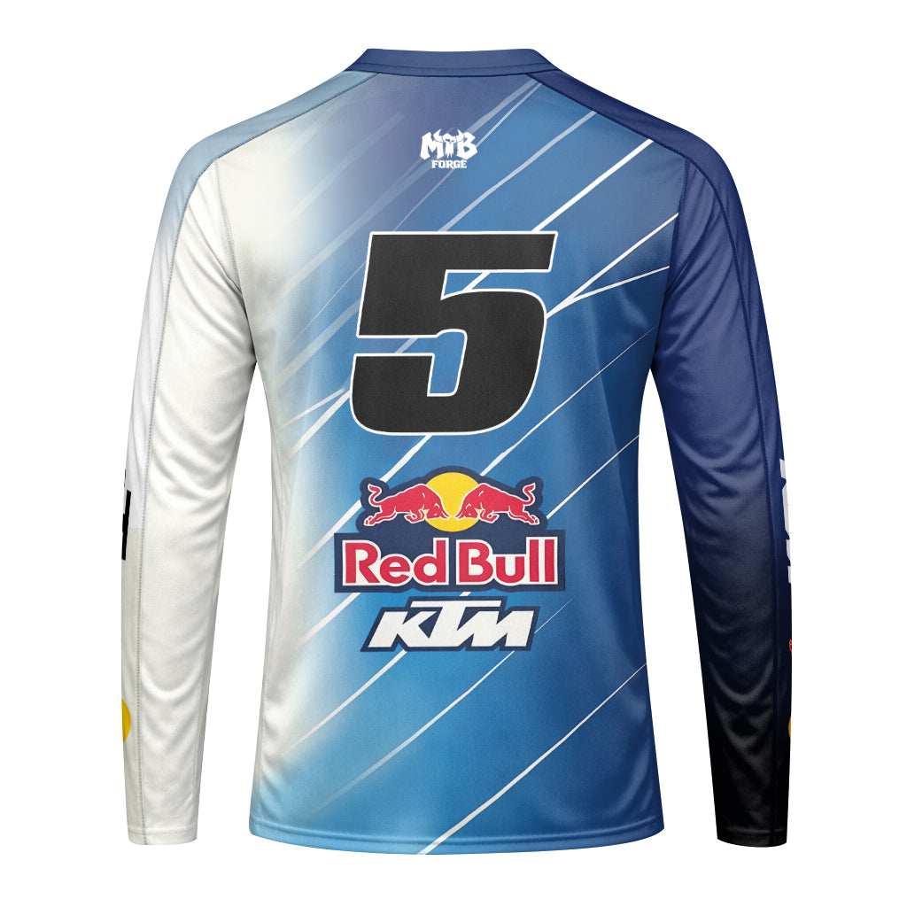 Red Bull KTM Number 5 Blue White Factory Racing Youth Long Sleeve Motocross Jersey – Back View Mockup