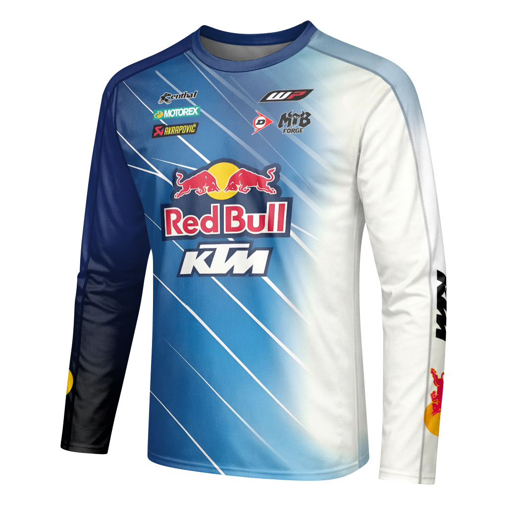 Red Bull KTM Number 5 Blue White Factory Racing Youth Long Sleeve Motocross Jersey – Left Side View Mockup