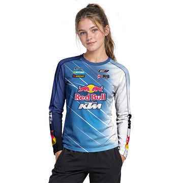Red Bull KTM Number 5 Blue White Factory Racing Youth Long Sleeve Motocross Jersey – Girl Lifestyle View