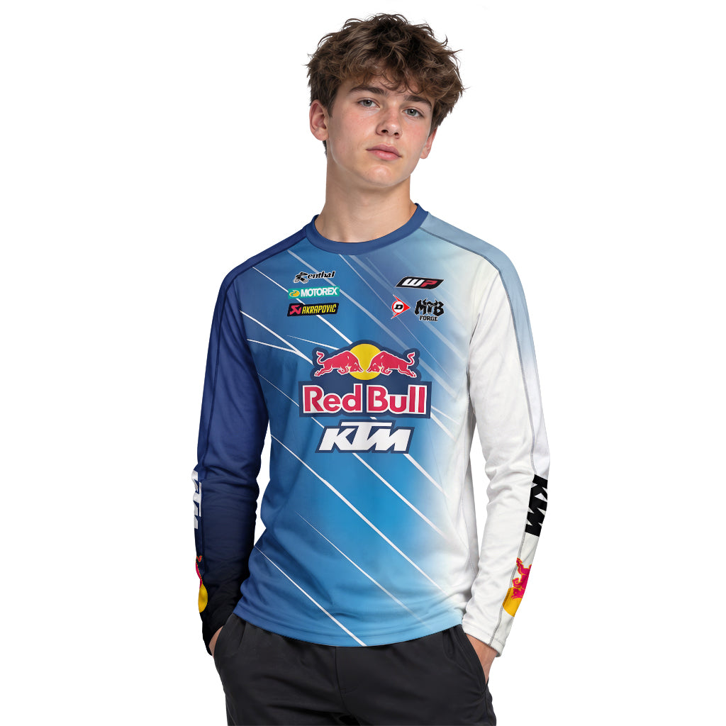 Red Bull KTM Number 5 Blue White Factory Racing Youth Long Sleeve Motocross Jersey – Boy Lifestyle View