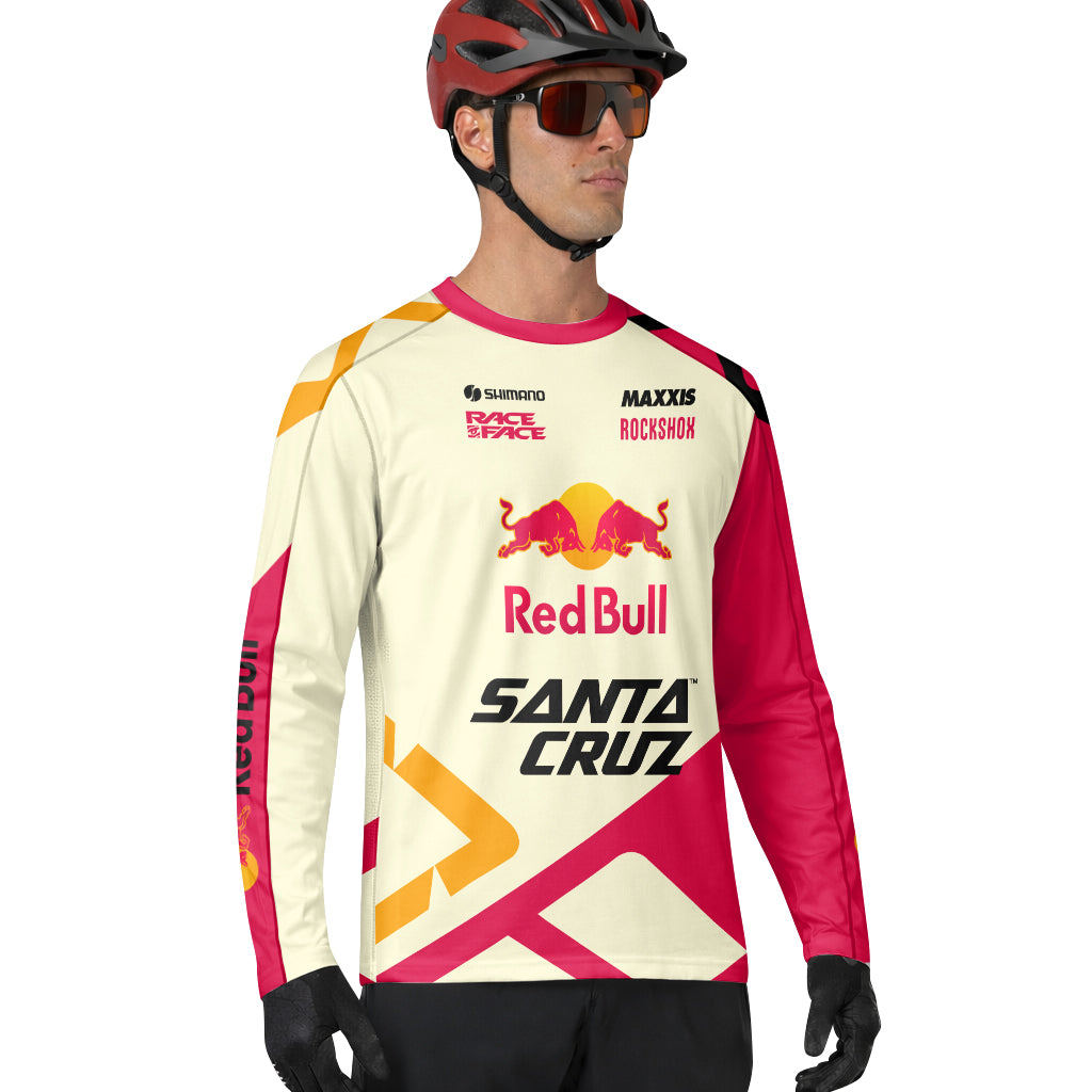 Red Bull Santa Cruz Cream Pink Factory Long Sleeve Mountain Bike Jersey - lifestyle view