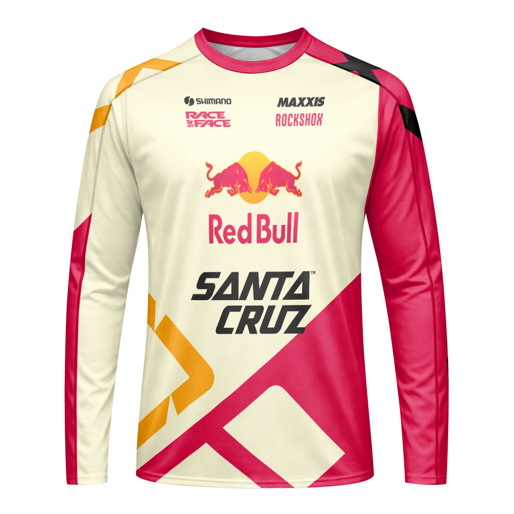 Red Bull Santa Cruz Cream Pink Factory Long Sleeve Mountain Bike Jersey - front view mockup
