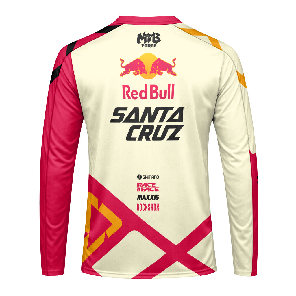 Red Bull Santa Cruz Cream Pink Factory Long Sleeve Mountain Bike Jersey - back view mockup