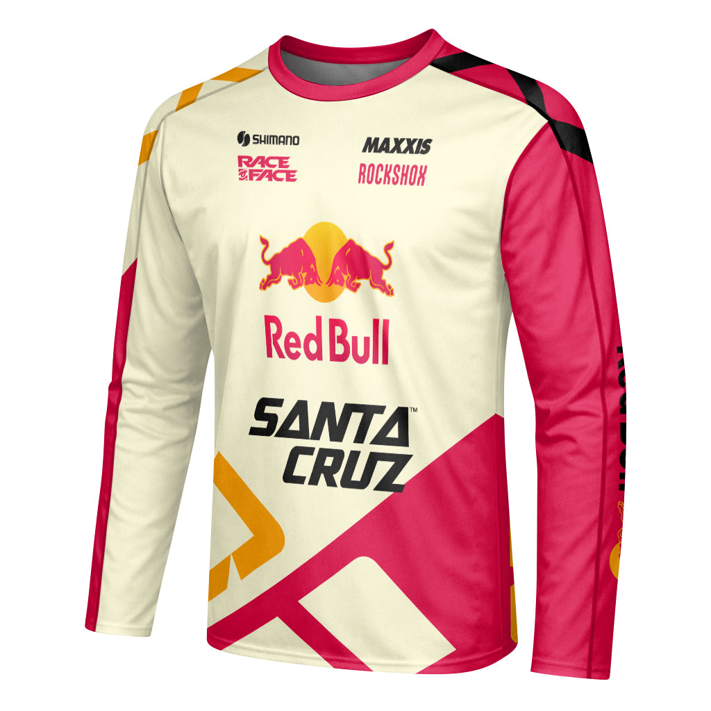 Red Bull Santa Cruz Cream Pink Factory Long Sleeve Mountain Bike Jersey - left side mockup