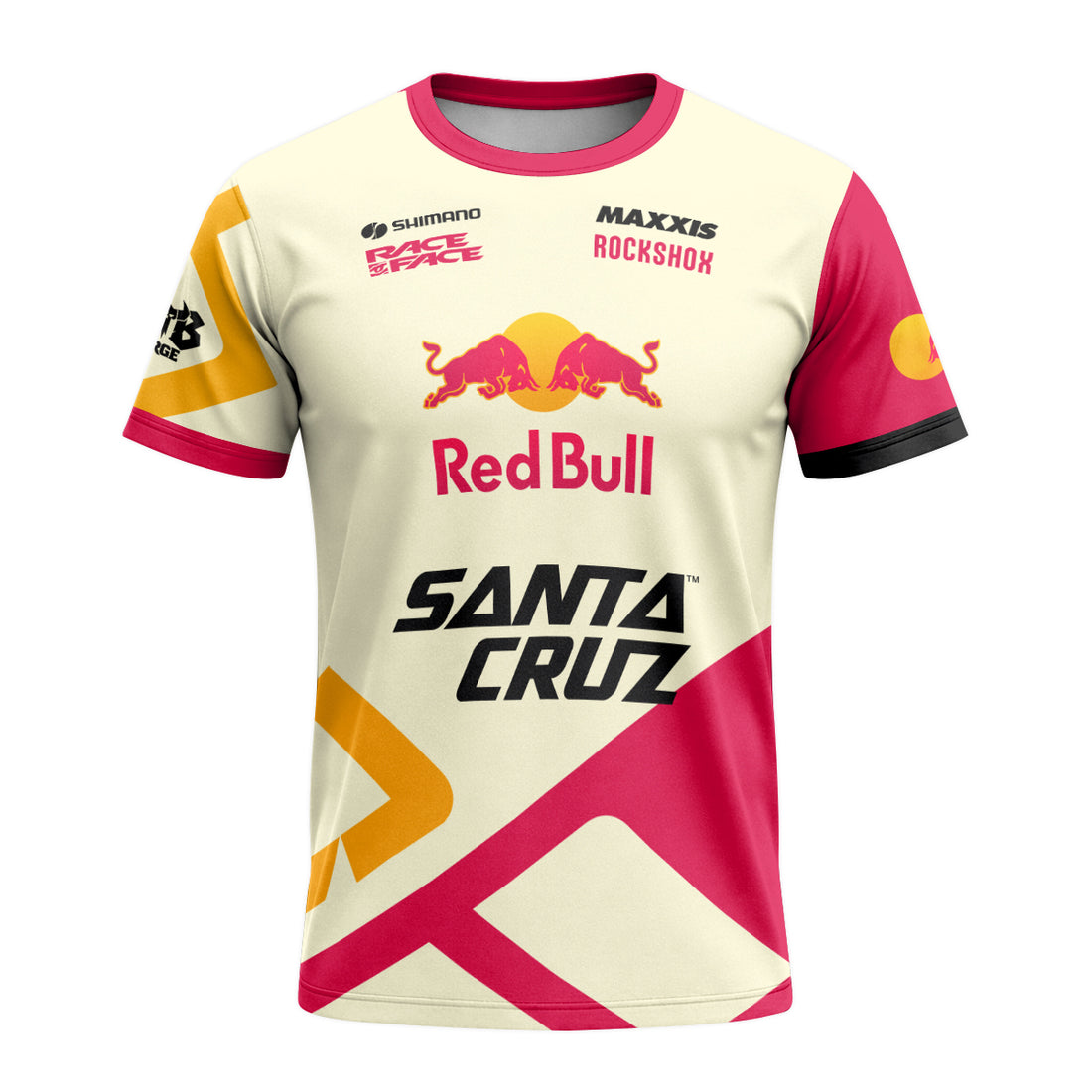 Red Bull Santa Cruz Cream Pink Factory Short Sleeve Mountain Bike Jersey - front and back view