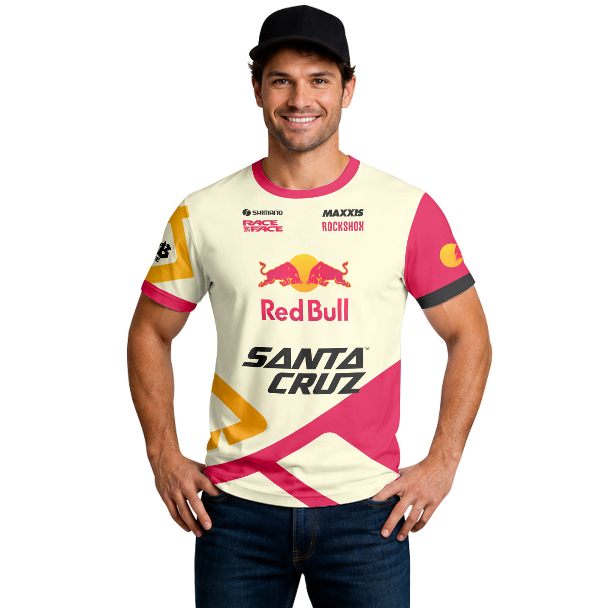 Red Bull Santa Cruz Cream Pink Factory Short Sleeve Mountain Bike Jersey - lifestyle view