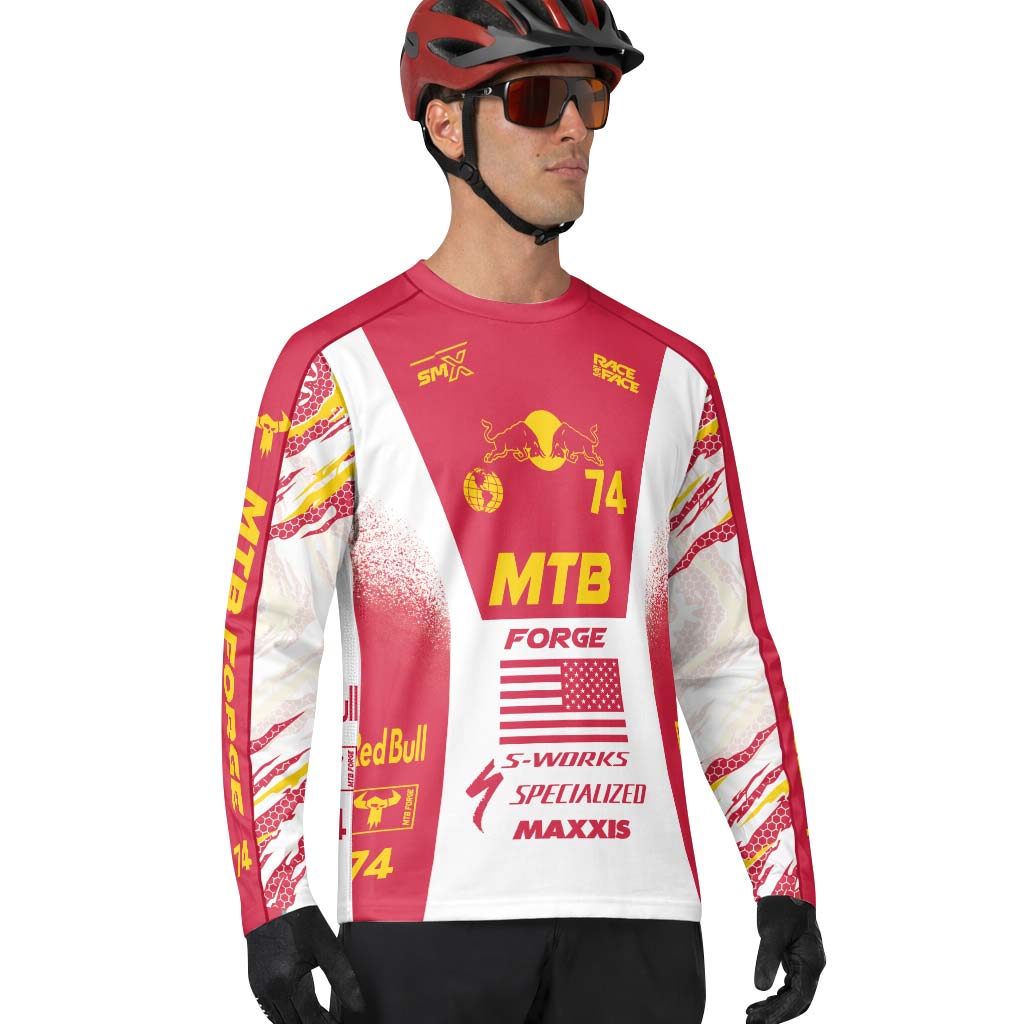 Red Bull Specialized 74 Red White Long Sleeve Mountain Bike Jersey – Lifestyle View