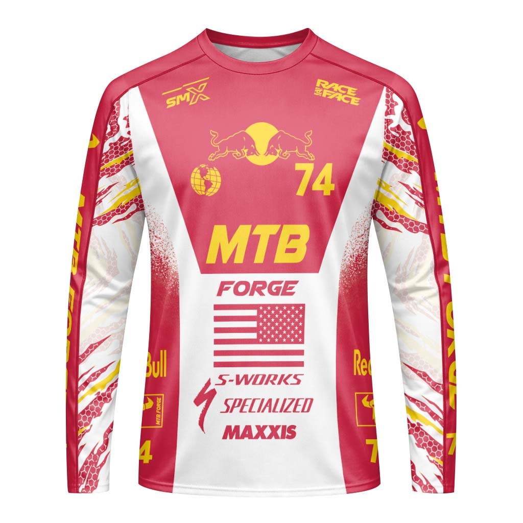 Red Bull Specialized 74 Red White Long Sleeve Mountain Bike Jersey – Front View Mockup
