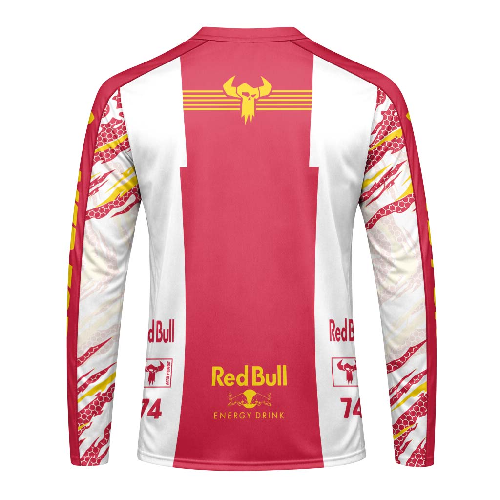 Red Bull Specialized 74 Red White Long Sleeve Mountain Bike Jersey – Back View Mockup