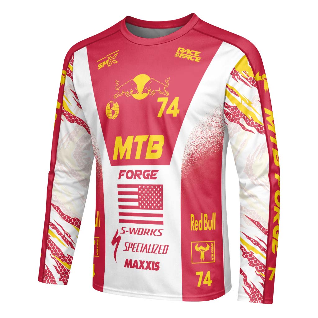Red Bull Specialized 74 Red White Long Sleeve Mountain Bike Jersey – Left Side View Mockup
