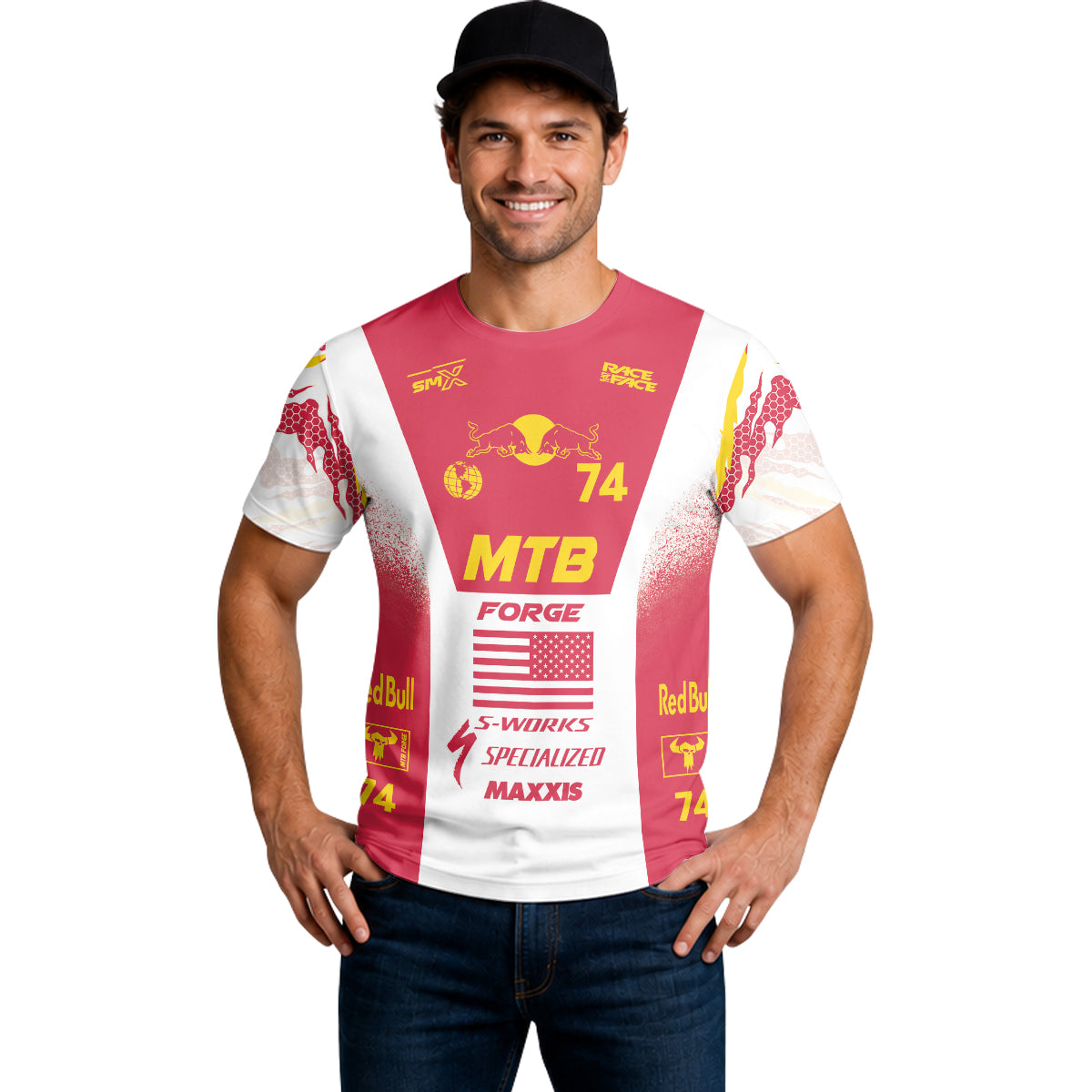 Red Bull Specialized 74 Red White Short Sleeve Mountain Bike Jersey – Lifestyle View