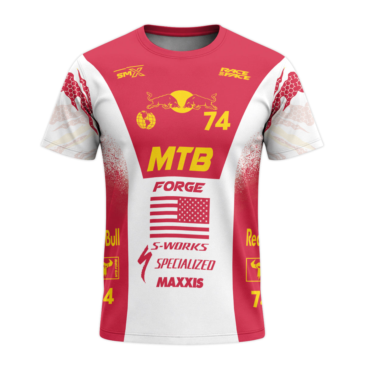 Red Bull Specialized 74 Red White Short Sleeve Mountain Bike Jersey – Front View Mockup