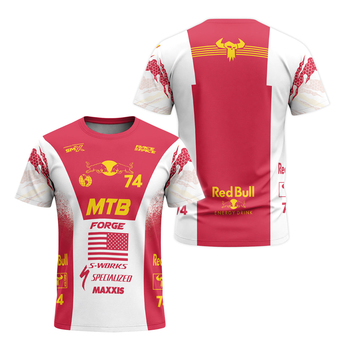 Red Bull Specialized 74 Red White Short Sleeve Mountain Bike Jersey – Front and Back View