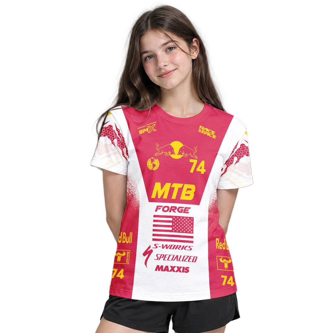 Red Bull Specialized 74 Red White Youth Short Sleeve Mountain Bike Jersey – Boy Lifestyle View