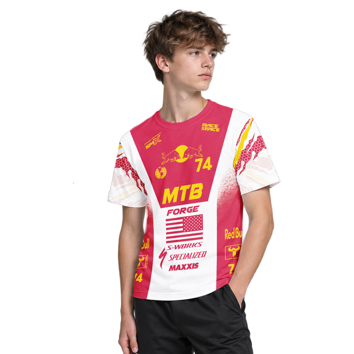 Red Bull Specialized 74 Red White Youth Short Sleeve Mountain Bike Jersey – Boy Lifestyle View