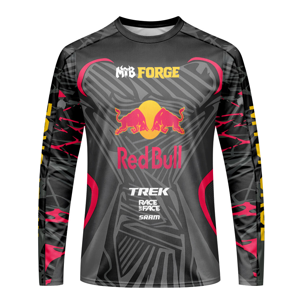 Red Bull Trek Black Red Factory Race Long Sleeve Mountain Bike Jersey - front view mockup
