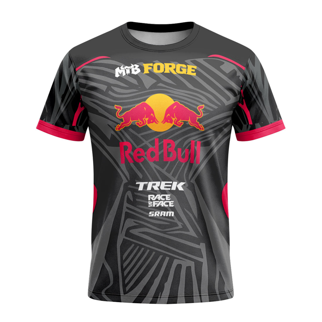 Red Bull Trek Black Red Factory Race Short Sleeve Mountain Bike Jersey - front and back view