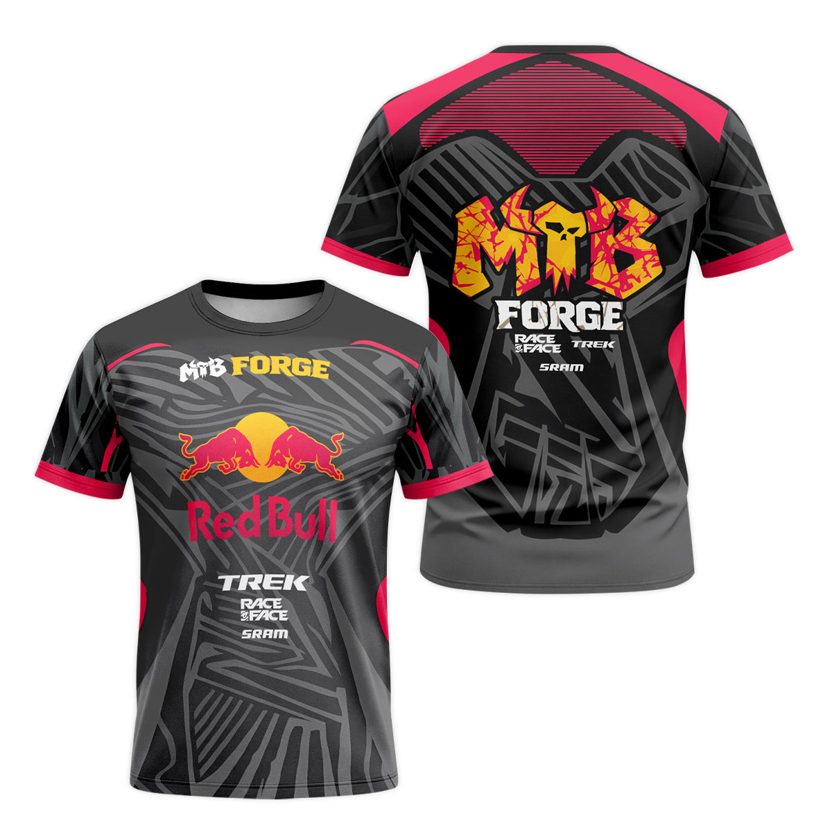 Red Bull Trek Black Red Factory Race Short Sleeve Mountain Bike Jersey - front and back view