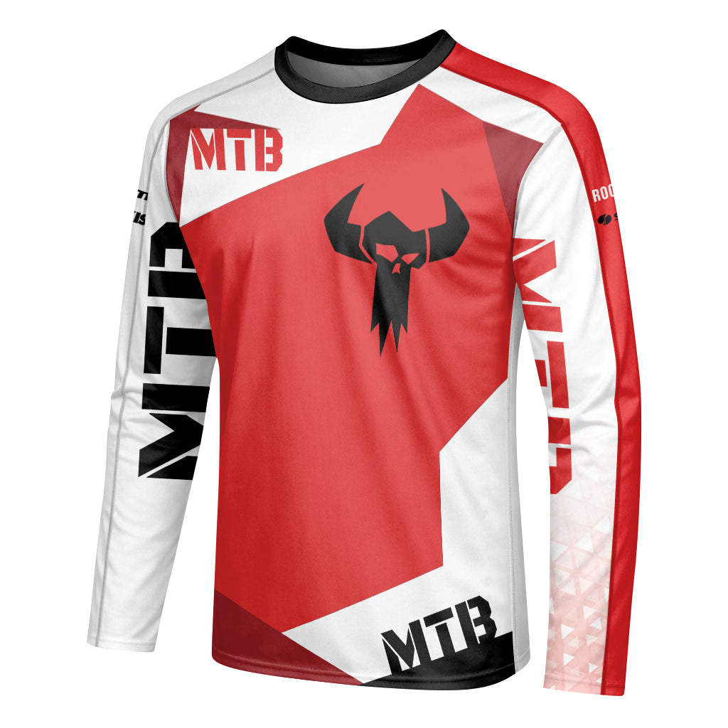 Red White Long Sleeve Mountain Bike Jersey – Left Side View Mockup