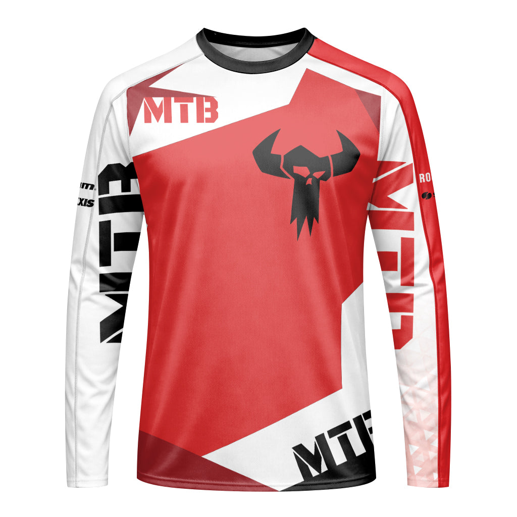 Red White Youth Long Sleeve Mountain Bike Jersey – Front View Mockup