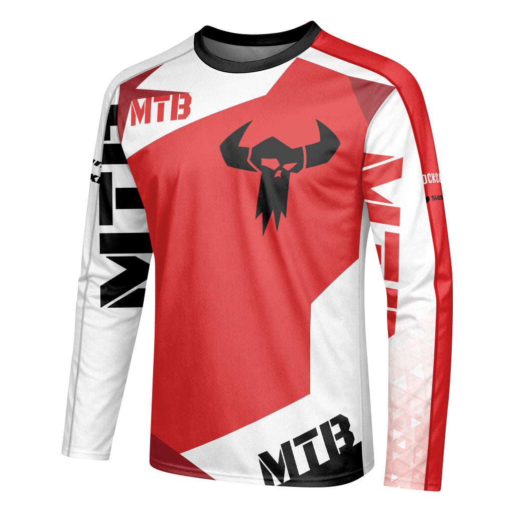 Red White Youth Long Sleeve Mountain Bike Jersey – Left Side View Mockup